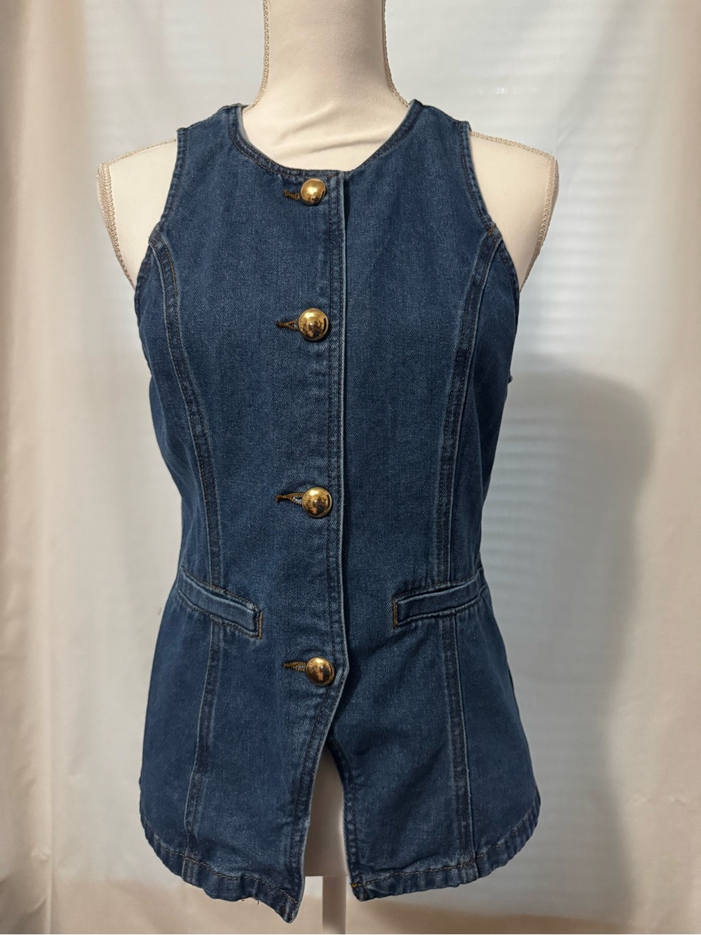 Sincerely Jules Dark Blue Denim Button-Front Vest with Gold Buttons